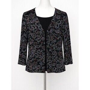 Coldwater Creek Black Embroidered Jacket Small 3/4 Bell Sleeve EUC